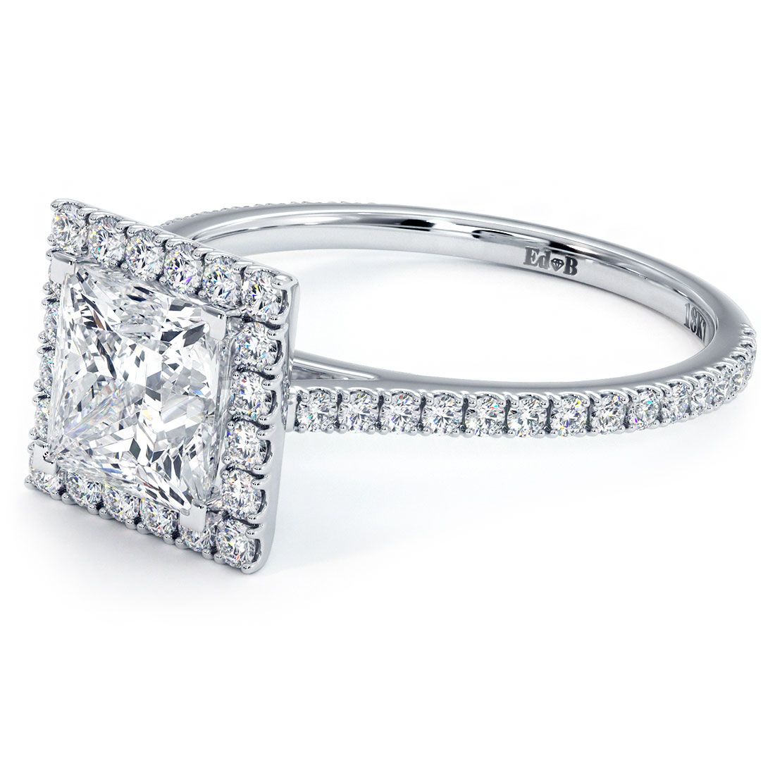Top view of 18k white gold princess cut halo diamond ring setting, globalskydiamond.com, Diamond District NYC, booth GF-10