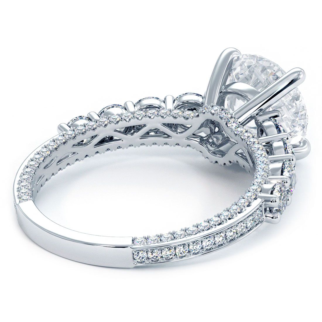 Underside view of 18k white gold engagement ring setting designed for 2.0ct round center stone (not included), with micropavé and graduated G color SI1 clarity side diamonds totaling 1.45ctw, showcasing precision craftsmanship by Global Sky Diamonds, 44W 47th St Booth GF-10 in NYC’s Diamond District. Discover at GlobalSkyDiamond.com.