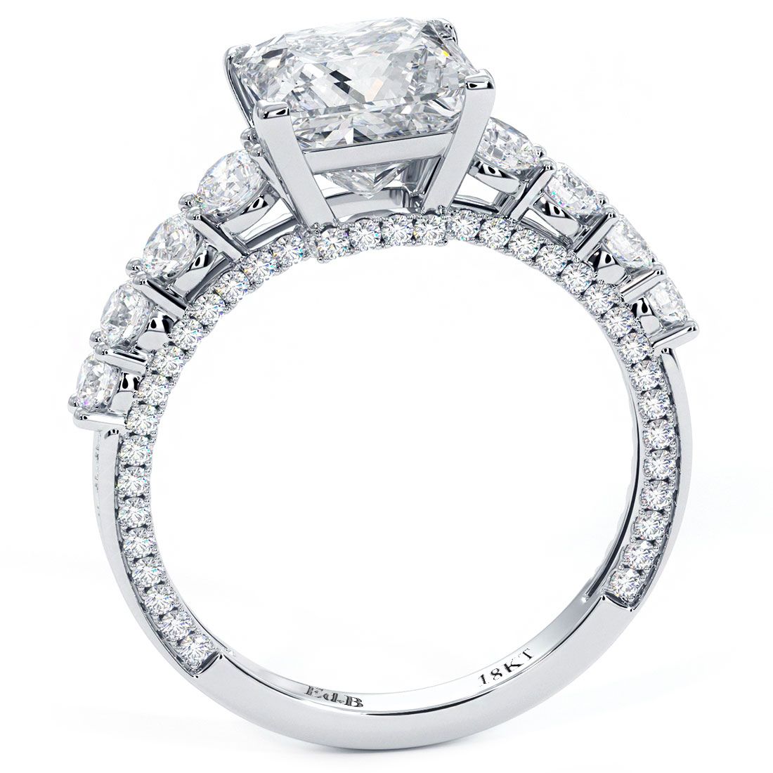 Side profile of intricate Infinity Twist engagement ring in 18k white gold with round halo and 0.77ctw micropavé diamonds (G color, SI1 clarity), designed for 1.0ct round center stone (not included), showing expert craftsmanship from Global Sky Diamonds, 44W 47th St Booth GF-10, New York City’s Diamond District. Shop now at GlobalSkyDiamond.com.