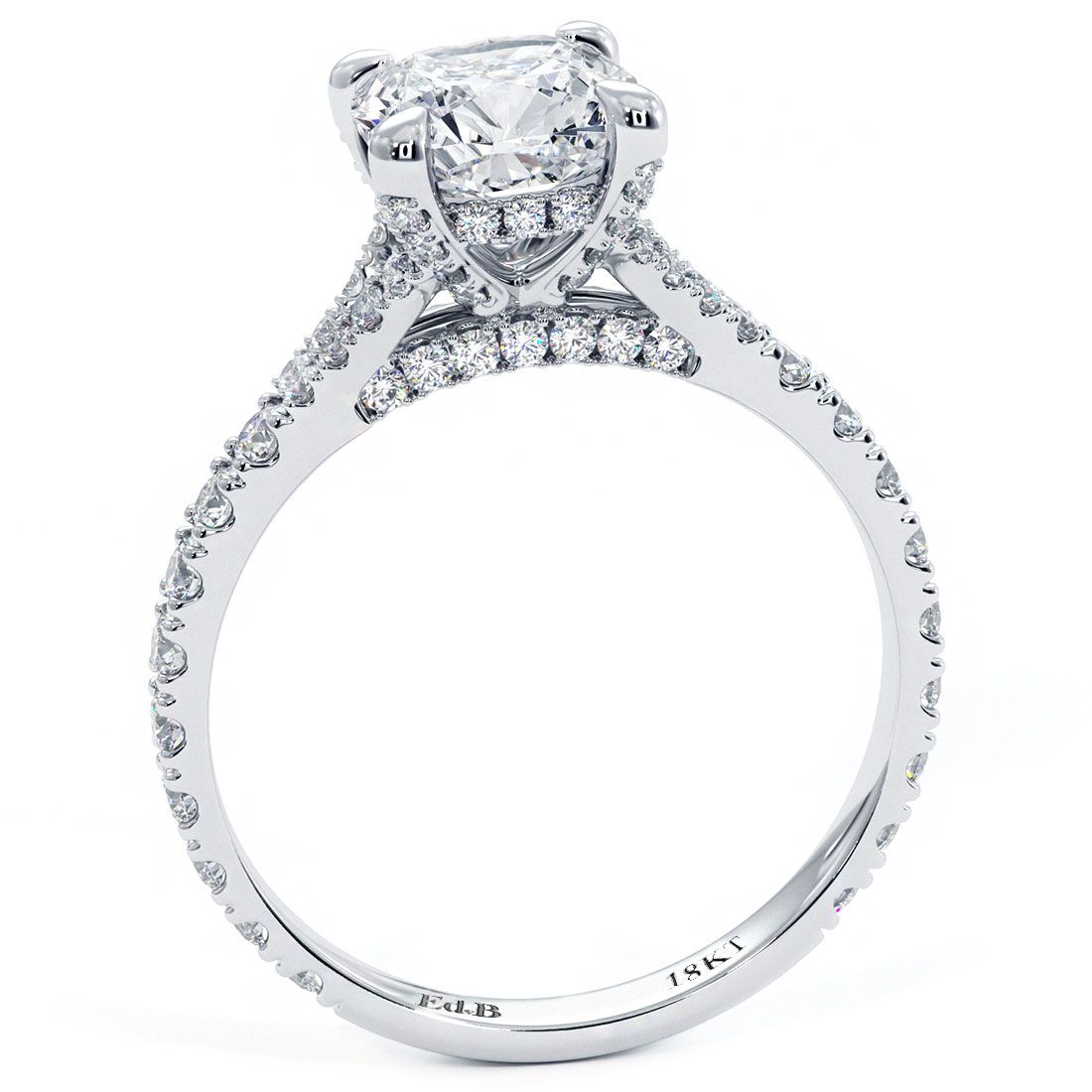 Side profile of 18k white gold Cushion Cut Micropavé Engagement Ring Setting with cathedral-style architecture, pavé split shank, and four-prong head designed to fit 1.50ct cushion center. G color SI1 clarity diamonds totaling 0.60ctw enhance brilliance. Custom-crafted by Global Sky Diamonds, located at 44W 47th St Booth GF-10 in NYC Diamond District. Shop online at globalskydiamond.com