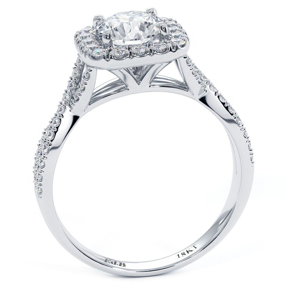 Side profile of 18k white gold cushion halo engagement ring setting with twisted shank, built for a 1.50ct round center diamond. Detailed with 0.53ctw round G color SI1 diamonds and delicate halo crown design. Elegant craftsmanship from Global Sky Diamonds, located at 44W 47th St Booth GF-10, NYC Diamond District. Explore modern halo rings at globalskydiamond.com