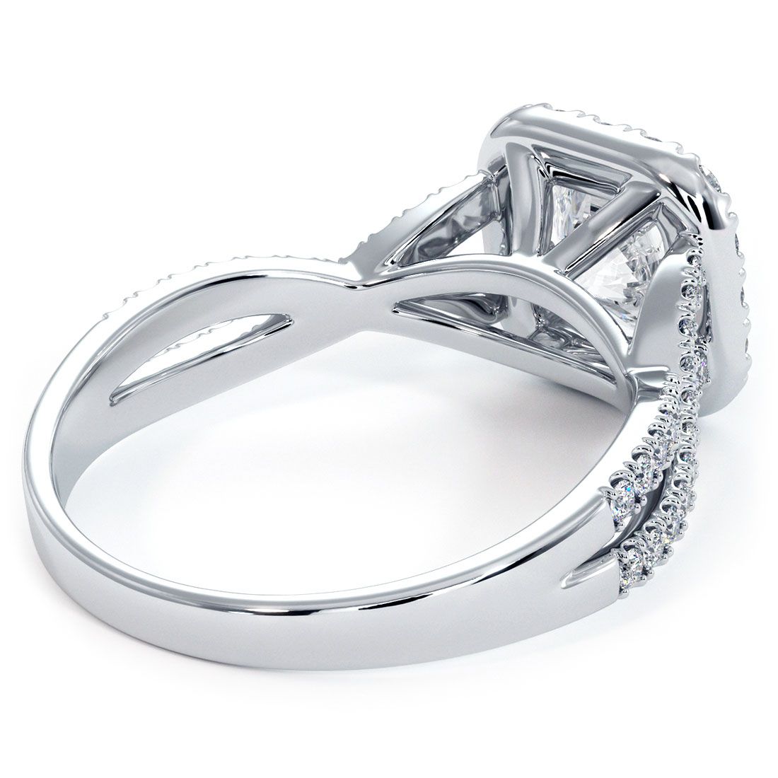 Rear view of cushion halo engagement ring setting in 18k white gold with infinity twist shank and 0.53ctw round side diamonds (G/SI1), built to fit 1.50ct round center stone. Fine under-gallery detail and high-polish finish by Global Sky Diamonds in Manhattan’s Diamond District, 44W 47th St Booth GF-10. Browse designer ring settings at globalskydiamond.com