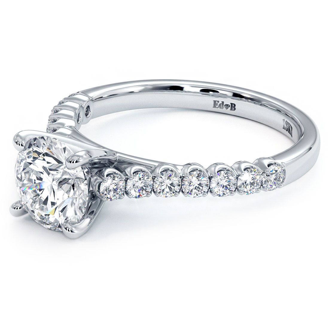 Top view of beaded prong band engagement ring in 18k white gold with 0.40 carats of micropavé side diamonds, G SI1 quality, made to hold 1ct round center diamond (not included), exclusive setting by Global Sky Diamonds, 44W 47th St GF-10, GlobalSkyDiamond.com