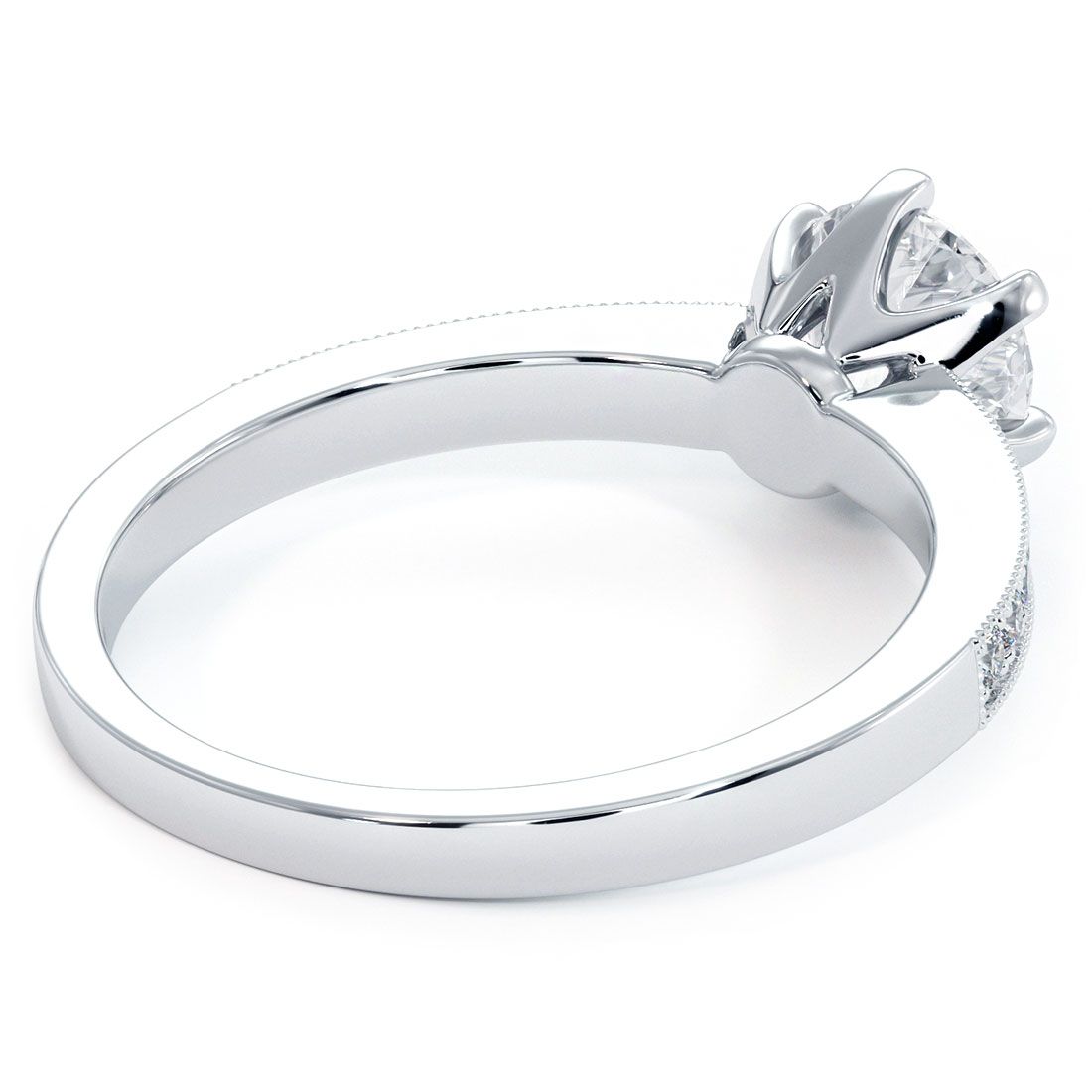 Back view of 6-prong diamond engagement ring in high-polished 18k white gold, with micropavé milgrain side diamonds totaling 0.16ctw (G color, SI1 clarity), designed to fit a 1 carat round center stone. Crafted by Global Sky Diamonds, Diamond District NY, 44W 47th St GF-10. More styles at globalskydiamond.com