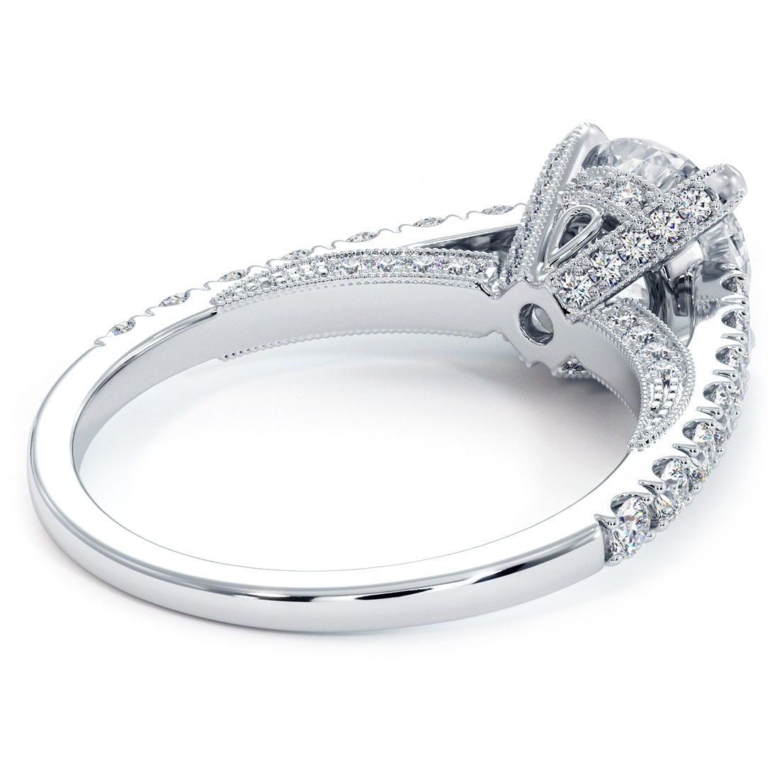 Close-up detail of micropavé diamond band with milgrain edge on a Round Brilliant engagement ring setting in 18k white gold, side stones totaling 0.85ctw, G color SI1 clarity, intended for a 1.0ct round center diamond (not included), fine craftsmanship by Global Sky Diamonds, 44W 47th St Booth GF-10, Diamond District NYC. Learn more at globalskydiamond.com. Instagram @globalskydiamonds, TikTok @global.sky.diamond.