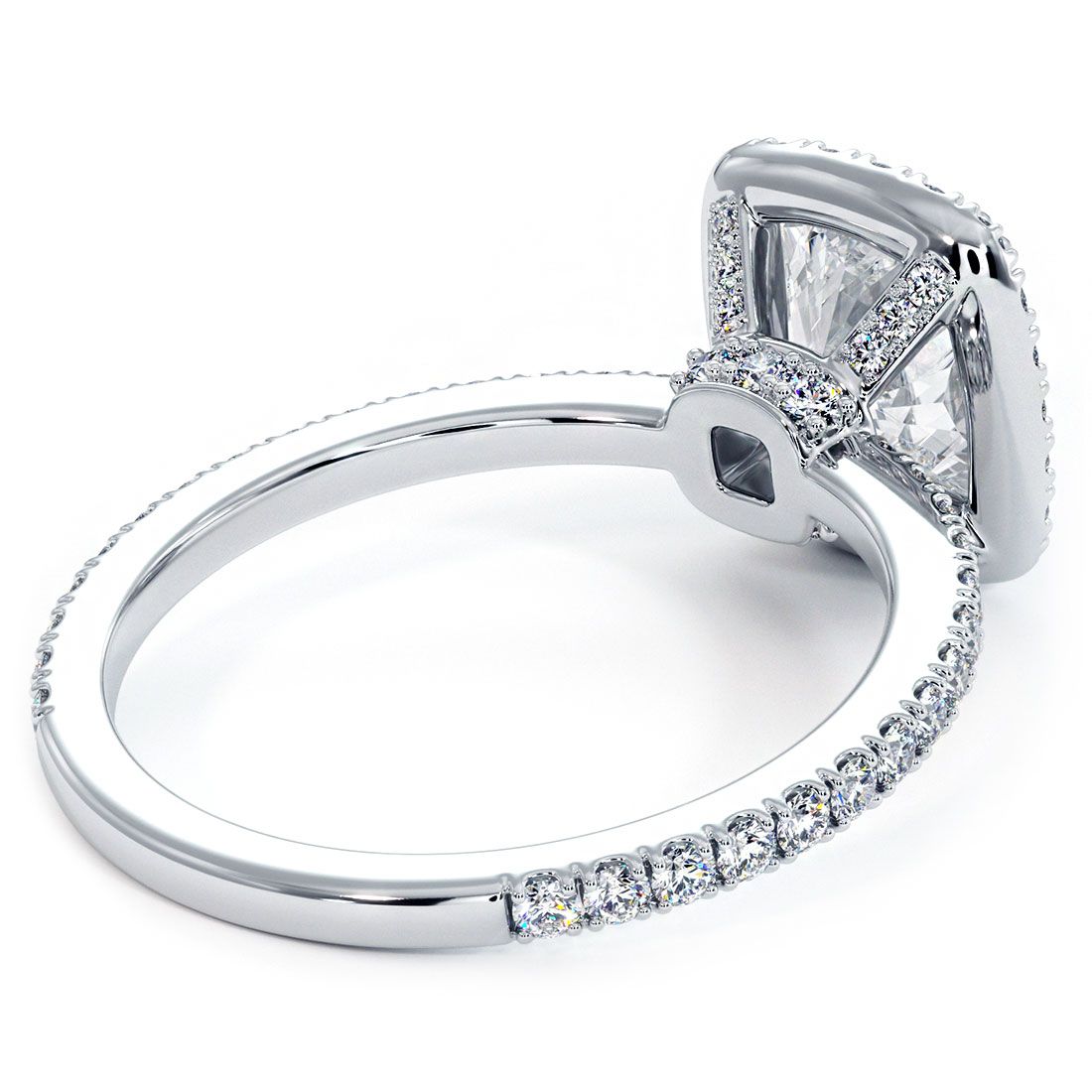 Underside view of 18k white gold cushion cut halo engagement ring setting with split band detail, crafted in NYC, globalskydiamond.com