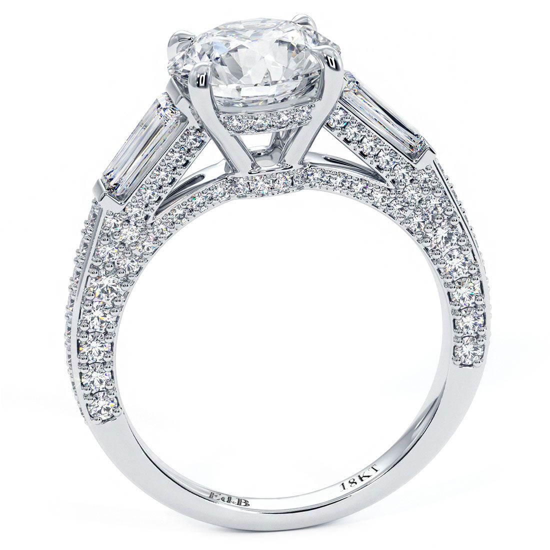 Side profile of a handcrafted 3-stone engagement ring mounting with hidden halo detailing, baguette side diamonds and round micropavé set in 18k white gold, exclusive at Global Sky Diamonds, 44W 47th St GF-10, globalskydiamond.com
