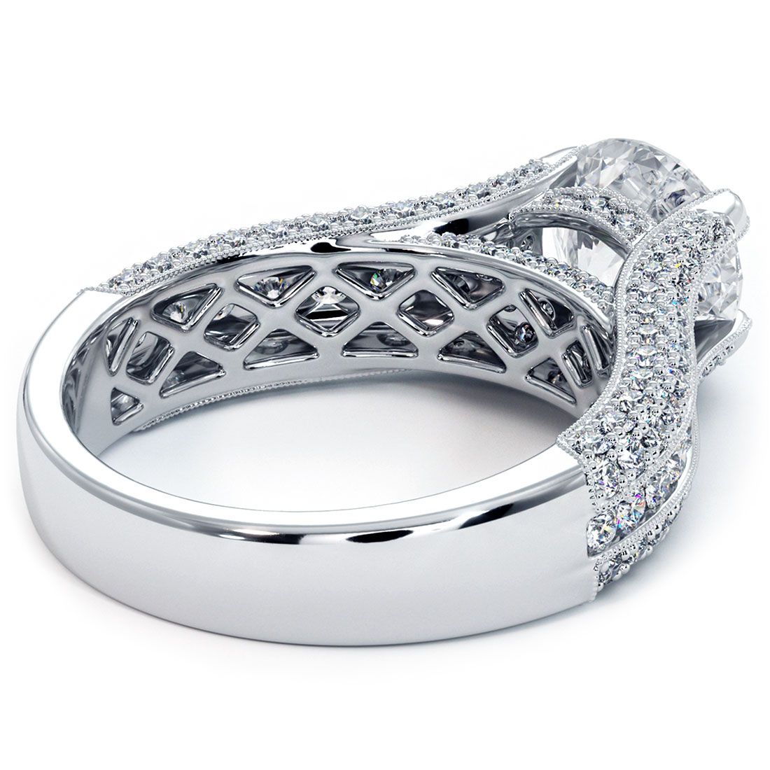 Bottom view of cushion halo diamond engagement ring setting in 18k white gold with 2.65ctw graduated micropavé diamonds – available at GlobalSkyDiamond.com in the Diamond District