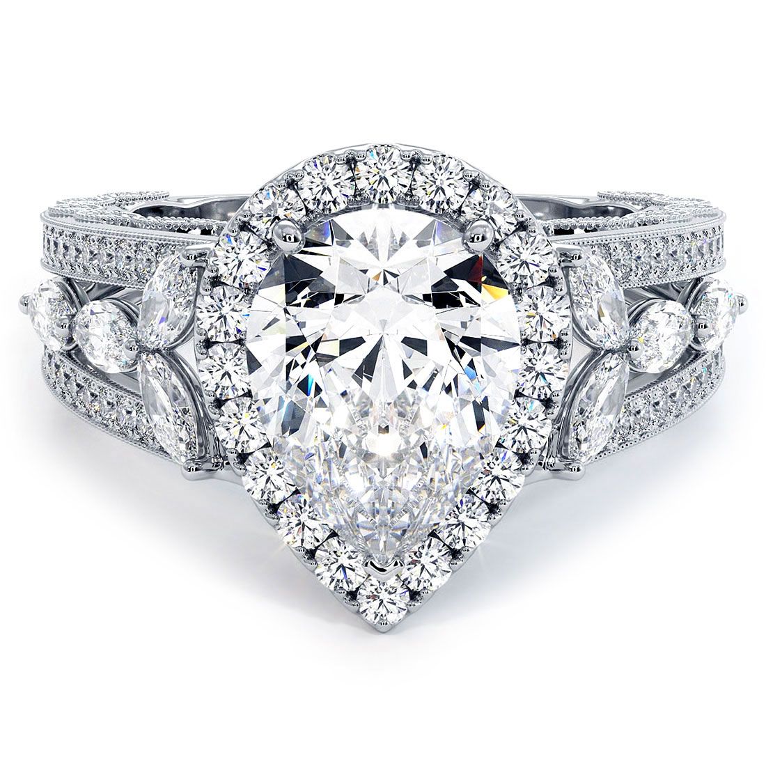 Pear-shaped halo engagement ring setting in 18k white gold with vintage-style graduated micropavé diamond shank, G color SI1 clarity side stones, handcrafted by Global Sky Diamonds in NYC Diamond District — globalskydiamond.com