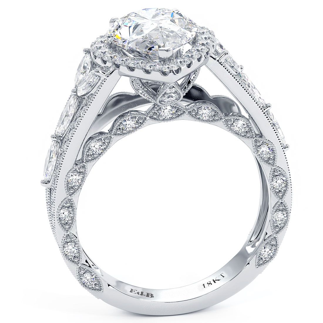 Side view of pear halo engagement ring in 18k white gold, vintage-inspired setting with micropavé graduated diamond band, G SI1 diamonds, designed by Global Sky Diamonds — globalskydiamond.com