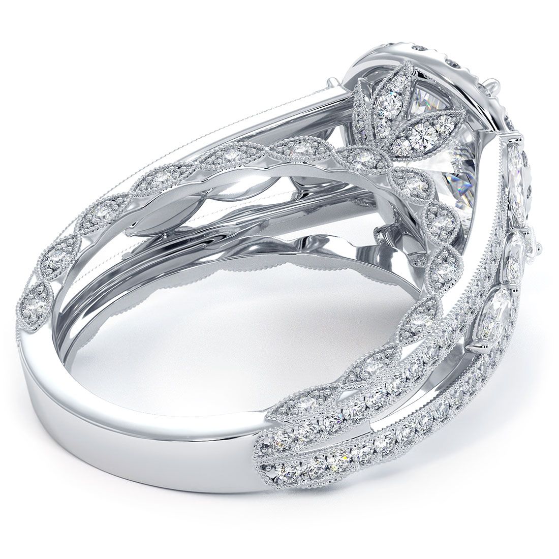 Detailed profile of pear halo diamond engagement ring setting with graduated micropavé band in white gold, vintage-inspired design by Global Sky Diamonds in NYC Diamond District — globalskydiamond.com