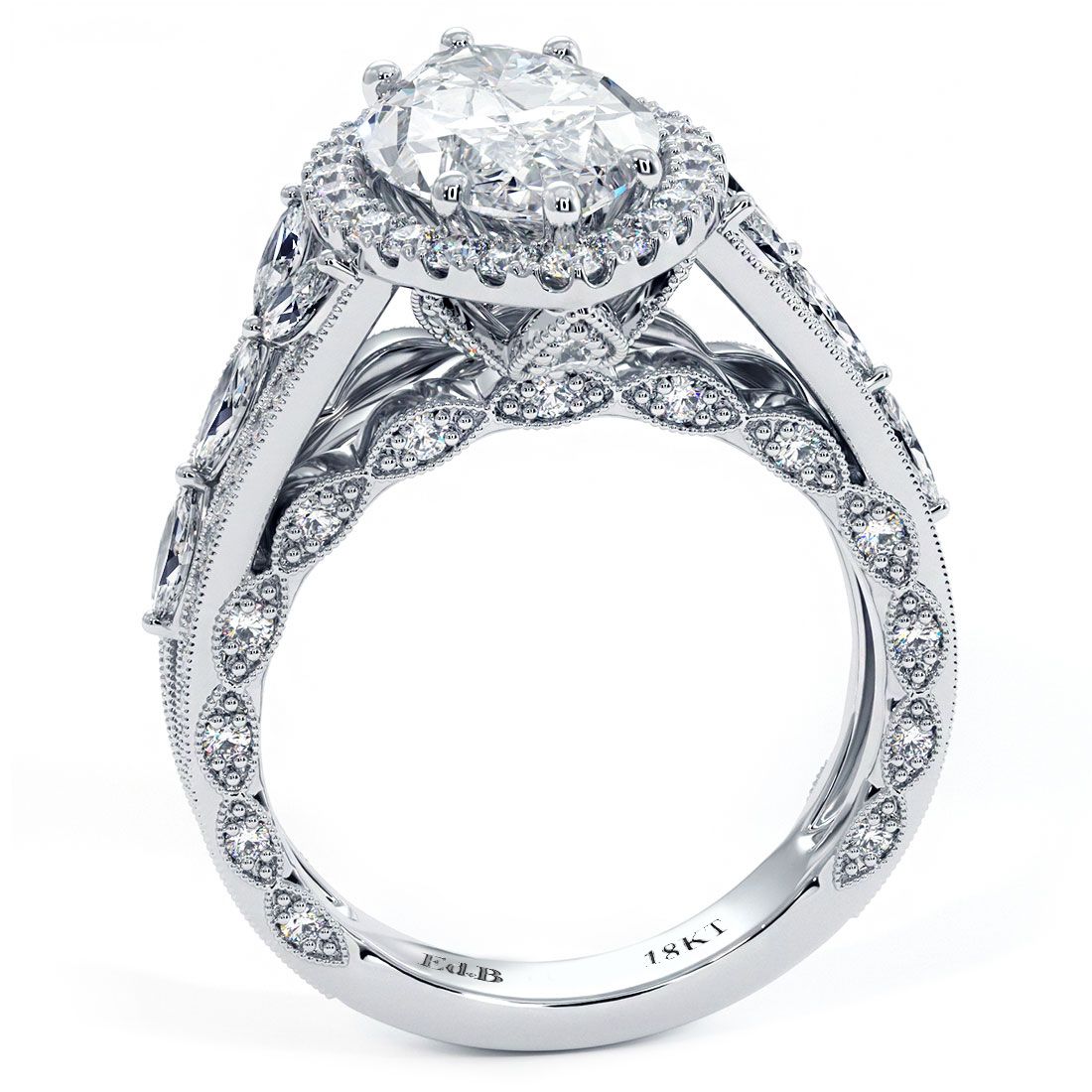 Top-down angle of vintage-style marquise halo engagement ring with delicate micropavé diamonds and milgrain accents from Global Sky Diamonds, NYC – discover more at globalskydiamond.com