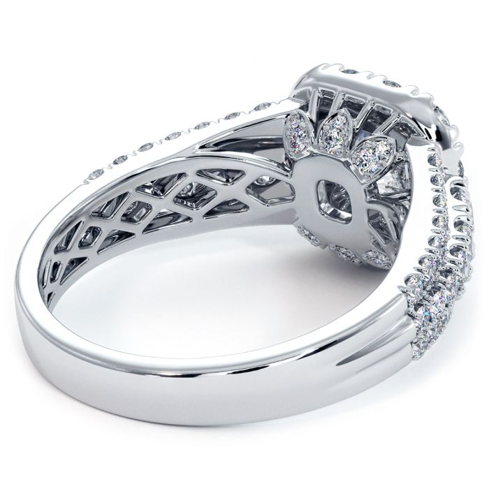 Top-down image of cushion-shaped halo engagement ring setting in 18k white gold, made for round 3.50ct diamond center, surrounded by G SI1 diamonds – Buy now at GlobalSkyDiamond.com, NYC Diamond District