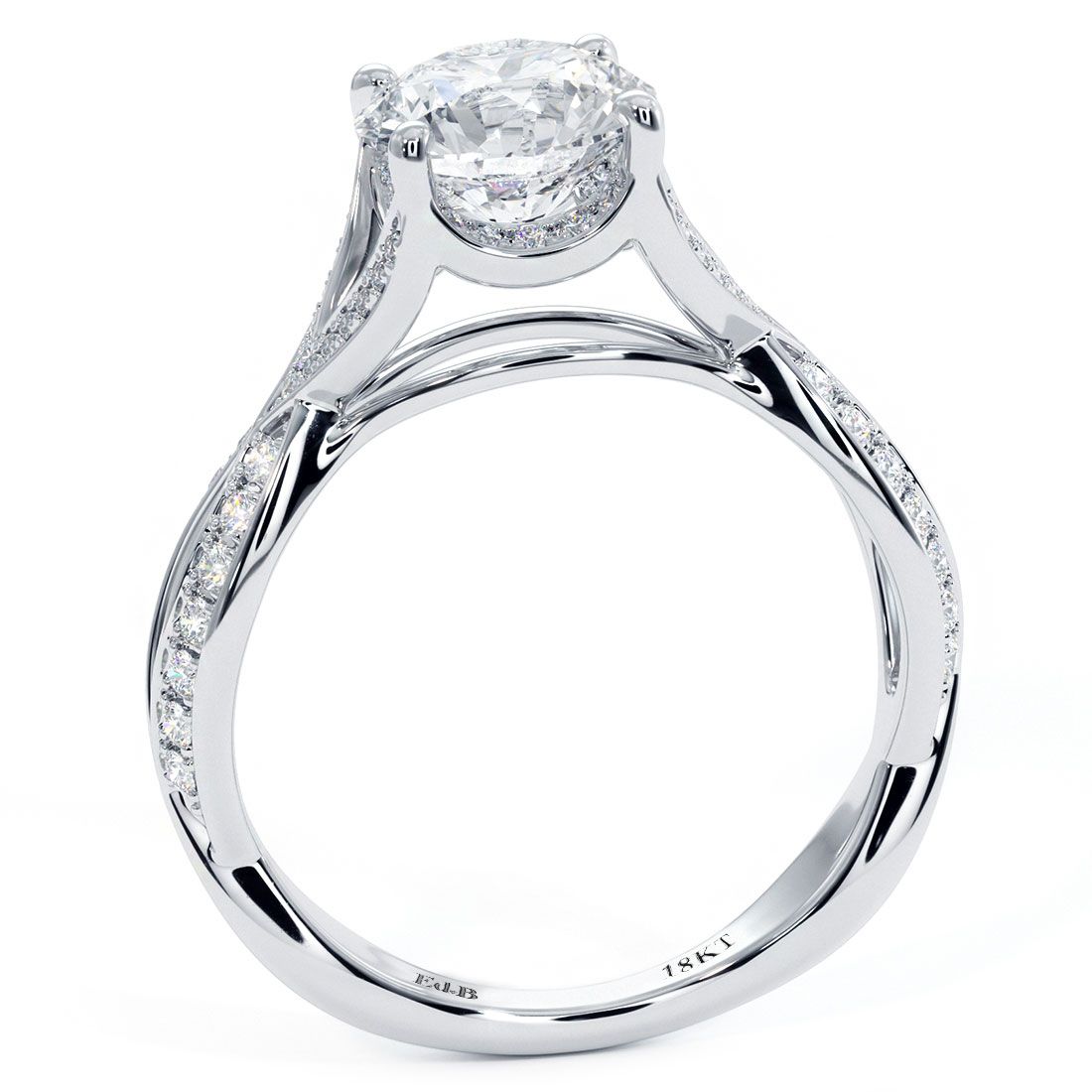 Side view of cathedral-style infinity twist engagement ring with 0.42ctw micropavé diamonds in 18k white gold — handcrafted by Global Sky Diamonds, 44W 47th St GF-10 NYC — globalskydiamond.com
