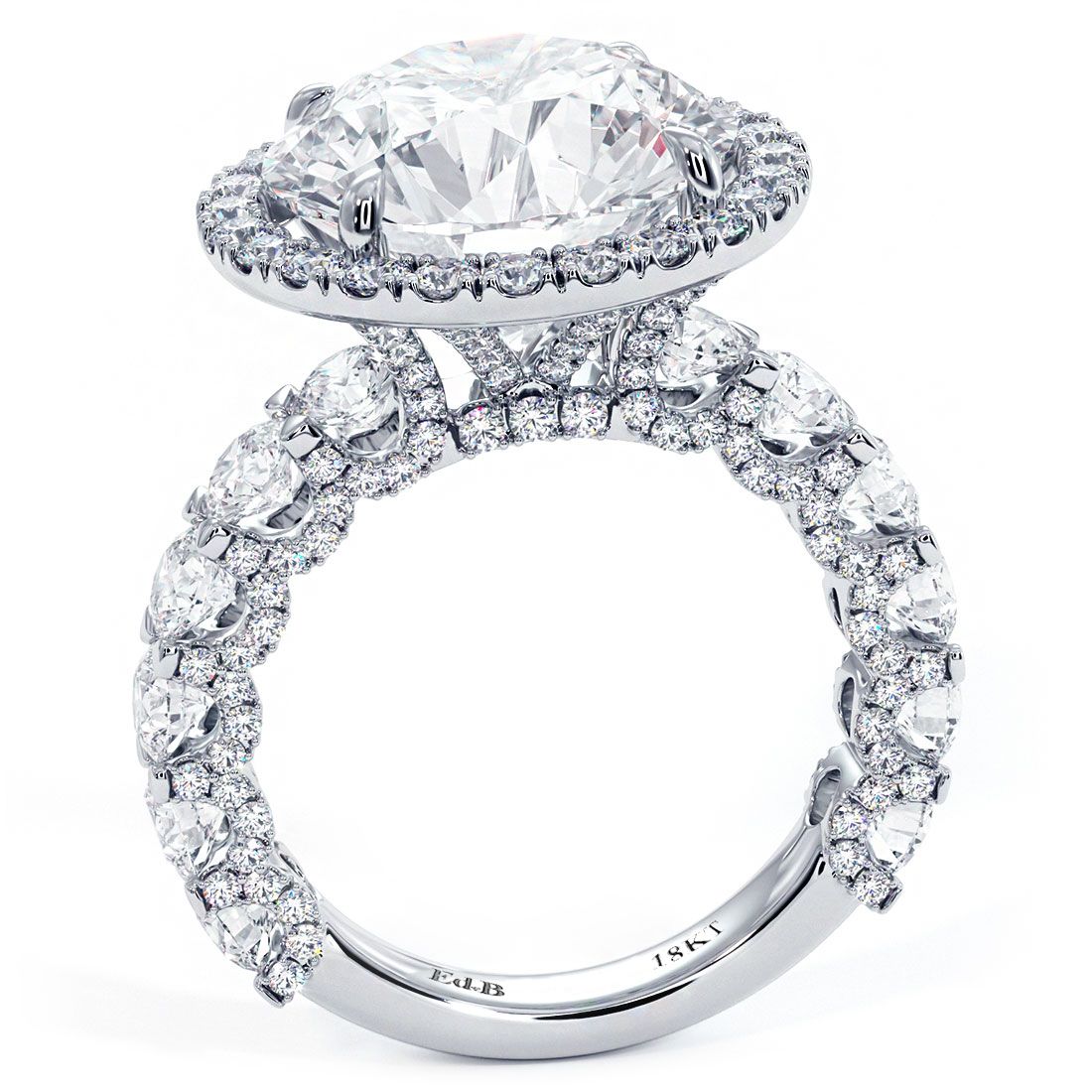 Side profile of the round halo engagement ring setting in 18k white gold with elevated U-shape shank structure and 3.45ctw G color SI1 clarity micropavé side diamonds, designed to support a 7.40ct round center diamond (not included), combining modern architecture and timeless sparkle — handcrafted by Global Sky Diamond at 44 W 47th St Booth GF-10, Diamond District NYC — see more at globalskydiamond.com.