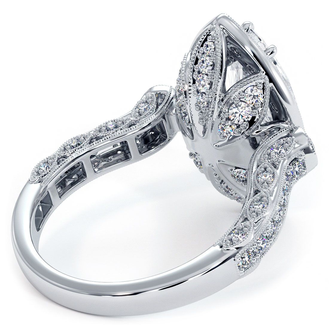 Marquise halo vintage diamond engagement ring setting in 18k white gold with 1.40 carats of natural G color SI1 clarity round diamonds, antique milgrain filigree detailing, micropavé side stones, handcrafted by Global Sky Diamonds in NYC Diamond District – setting shown without center stone, perfect for marquise, round, or oval diamond, available at globalskydiamond.com