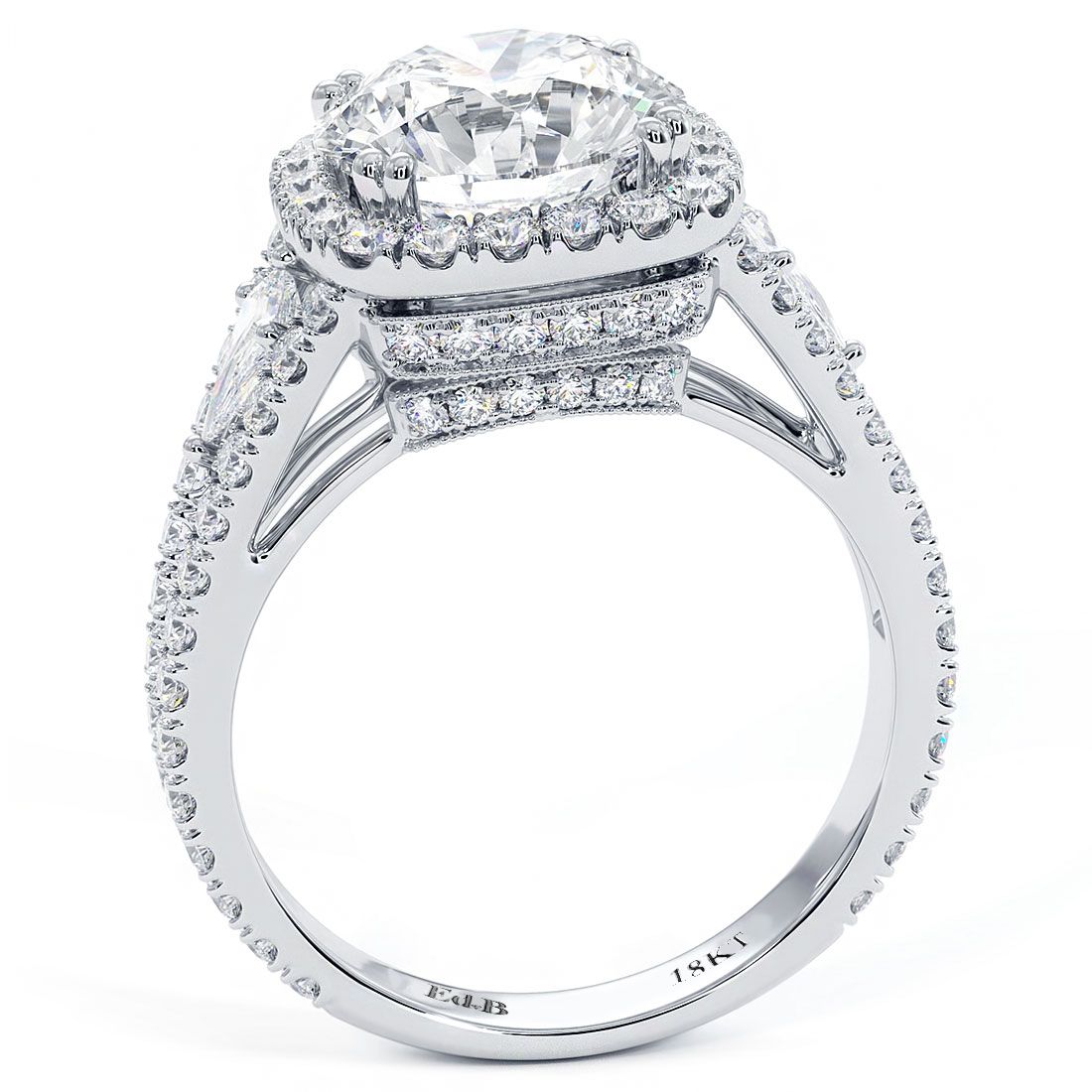 Side view of cushion halo split shank diamond engagement ring in 18k white gold, featuring round center stone (2.50ct not included) and premium G color SI1 clarity side diamonds, highlighting high-polish finish and diamond gallery — discover it at Global Sky Diamond, 44W 47th St Booth GF-10 in NYC’s Diamond District, browse online at globalskydiamond.com.