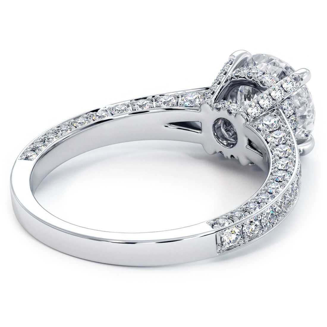 Detailed photo of G color SI1 clarity side stones on micropavé diamond engagement ring setting 18k white gold 0.92ctw by Global Sky Diamonds, globalskydiamond.com