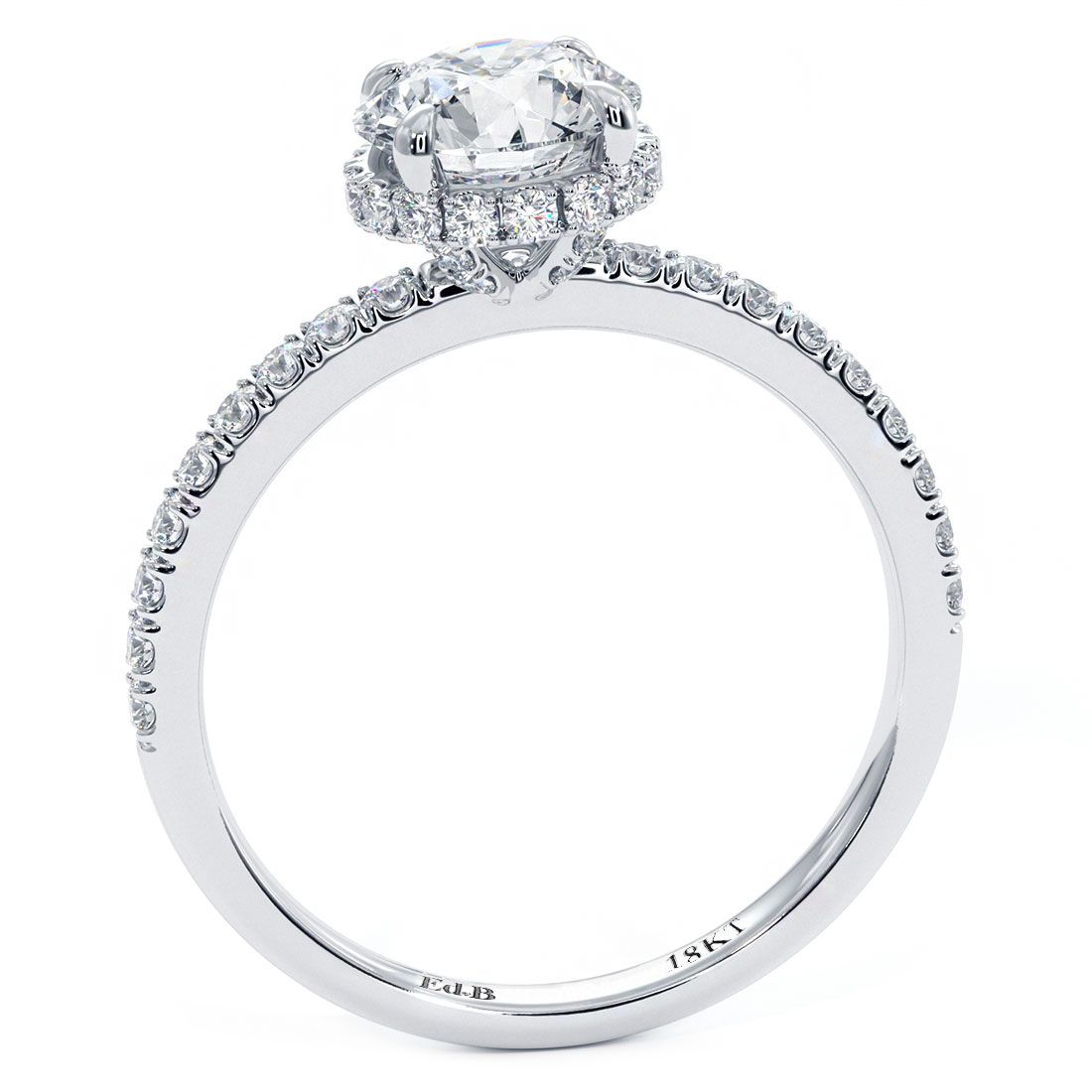 Top angle of round hidden halo engagement ring setting with 0.36ctw micropavé diamonds in 18k white gold by Mazalito at Global Sky Diamonds – globalskydiamond.com