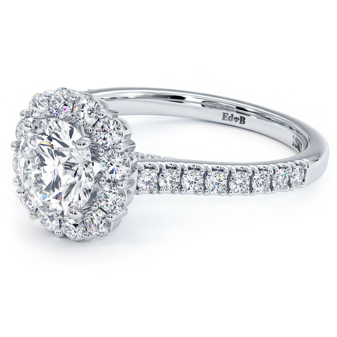 Detailed view of floral round halo with 0.80ctw diamonds in 18k white gold, elegant engagement ring setting by Global Sky Diamonds, NYC Diamond District, 44W 47th St GF-10 — globalskydiamond.com