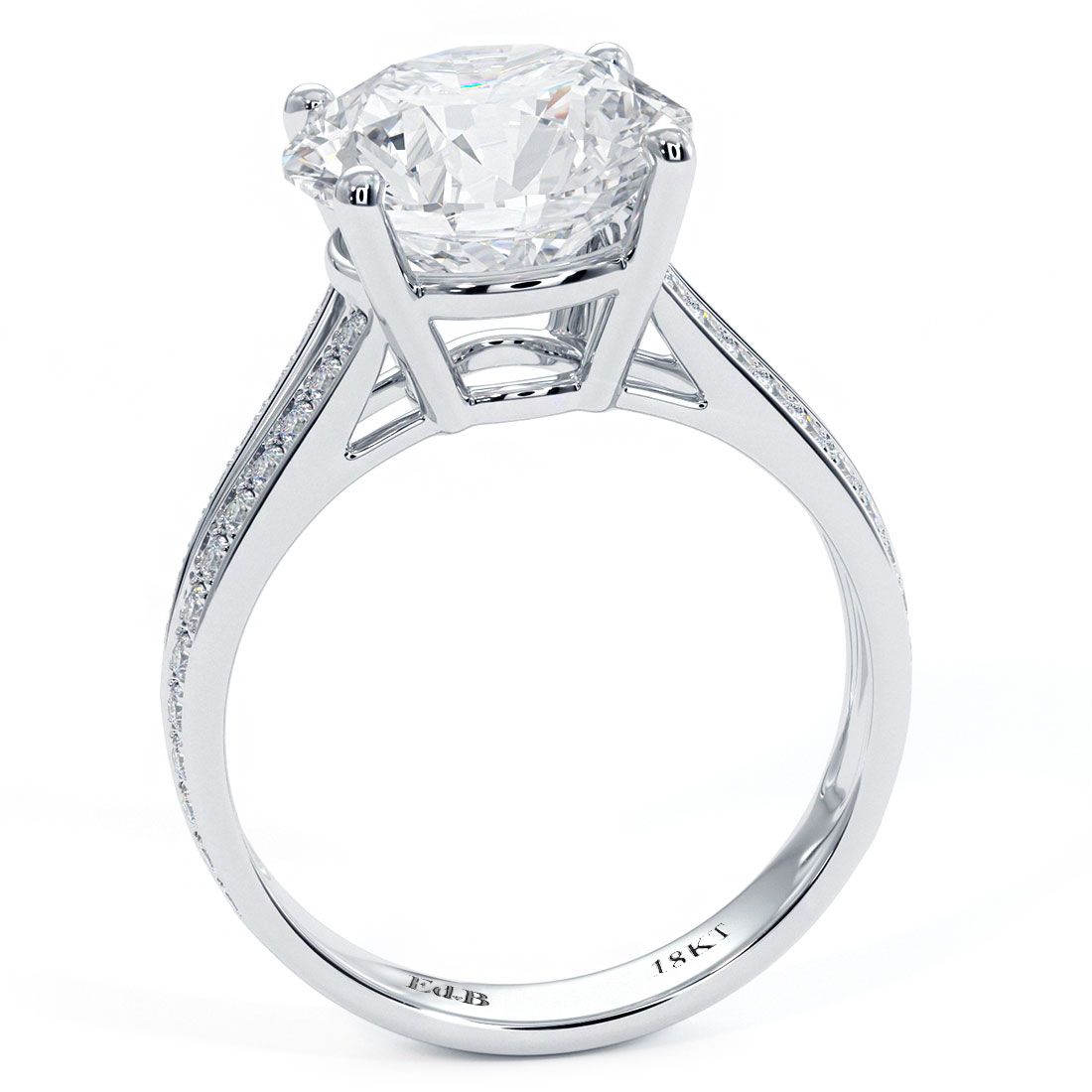 Side profile of round basket setting in 18k white gold, with diamond split shank and elegant micropavé detailing (0.45ctw), a signature Global Sky Diamonds ring from NYC Diamond District at 44W 47th St Booth GF-10 — explore more at globalskydiamond.com