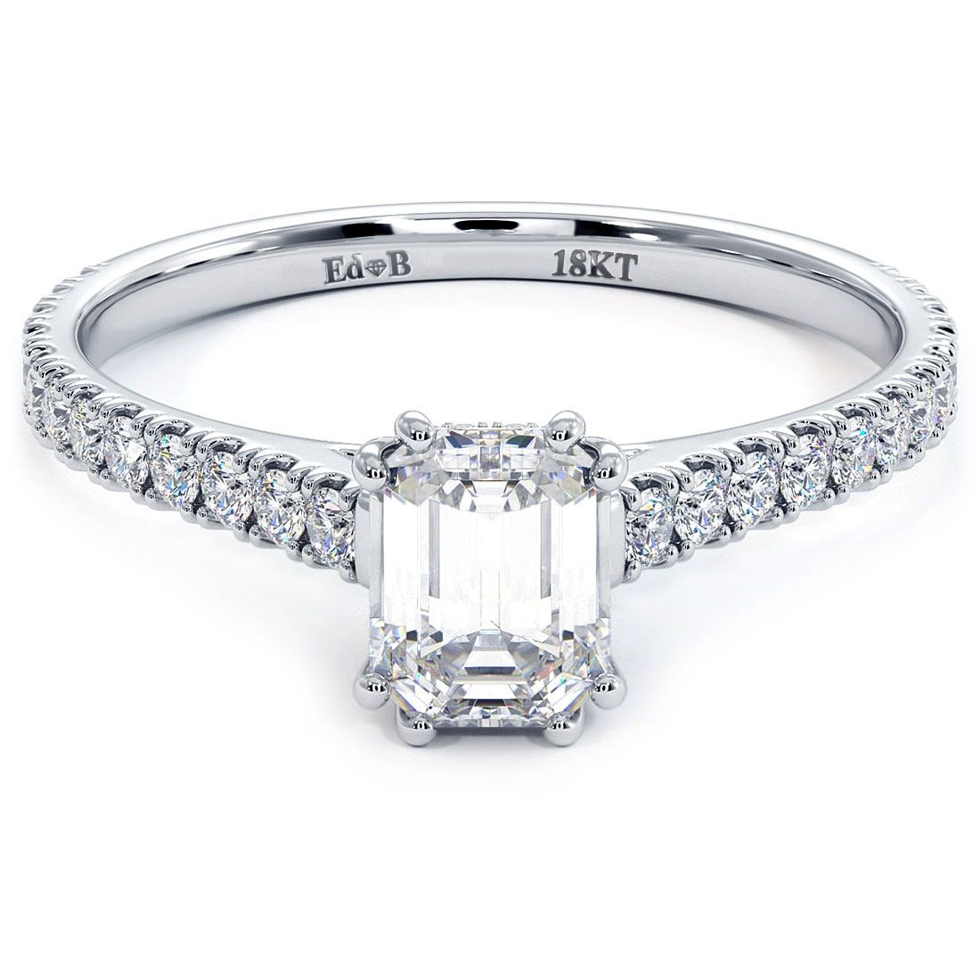 18k engagement ring setting with emerald cut head and double prongs, featuring diamonds under the head and a petite micropavé cathedral shank, handcrafted by Global Sky Diamonds in NYC Diamond District, booth GF-10 at 44W 47th St - globalskydiamond.com