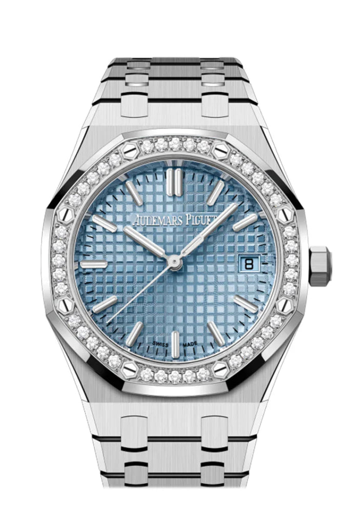 Audemars Piguet Royal Oak 34mm Light Blue Dial Stainless Steel Watch 77451ST.ZZ.1361ST.01 with factory diamond bezel, luxury Swiss timepiece with Grande Tapisserie pattern, available at Global Sky Diamonds, located in NYC’s Diamond District – globalskydiamond.com.