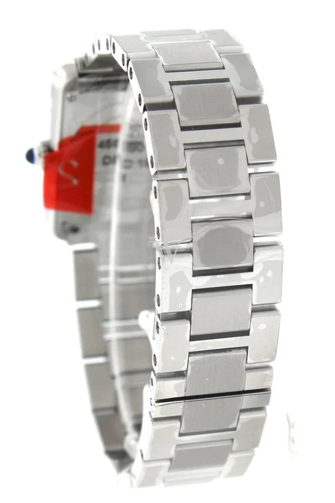 Cartier Tank Solo Small W5200013 stainless steel watch with silver opaline dial, blue sword-shaped hands, and Roman numeral hour markers – available at globalskydiamond.com, Global Sky Diamonds NYC Diamond District.