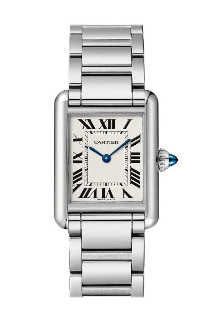 Cartier Tank Must WSTA0051 small silver dial quartz watch with stainless steel case and bracelet, blued-steel sword hands, and cabochon crown – available at globalskydiamond.com, Global Sky Diamonds in NYC Diamond District.