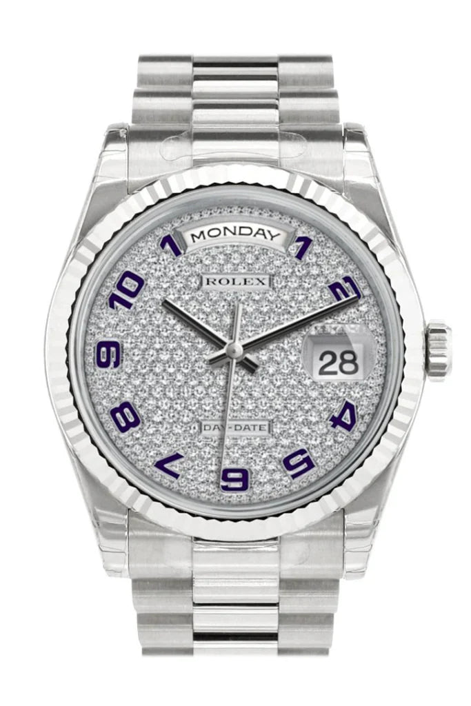 Rolex Day-Date 36 white gold watch with diamond-paved dial, fluted bezel, violet Arabic numerals, and President bracelet — available at globalskydiamonds.com