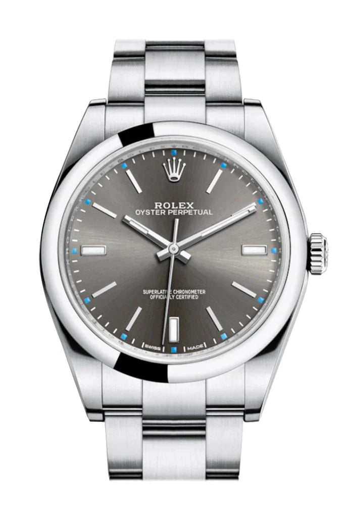 Front view of Rolex Oyster Perpetual 39 men's watch 114300 with rhodium sunray dial and blue accents, stainless steel case and bracelet, available at Global Sky Diamonds – globalskydiamond.com