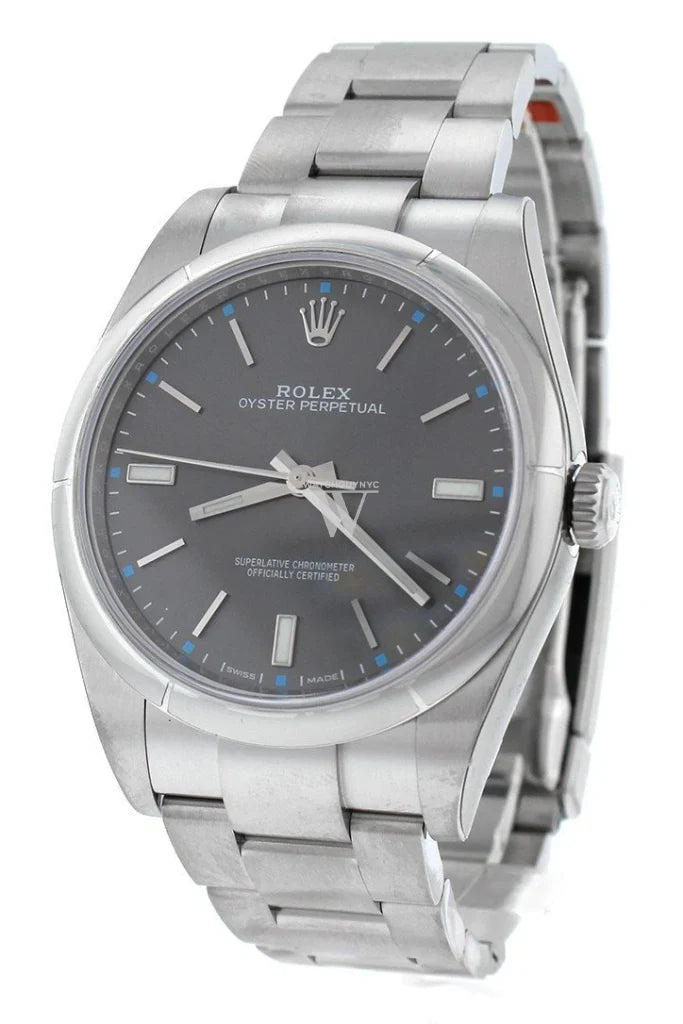 Rolex Oyster Perpetual 39 reference 114300 with smooth bezel, Rhodium gray dial, and Oystersteel bracelet, photographed at Global Sky Diamonds, Diamond District NYC – globalskydiamond.com