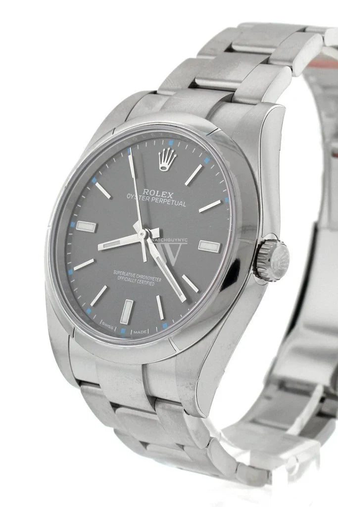 Luxury Rolex Oyster Perpetual 39 men’s stainless steel watch with elegant gray dial and blue lume accents, available now at Global Sky Diamonds – globalskydiamond.com