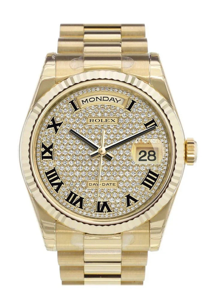 Rolex Day-Date 36 yellow gold watch with diamond-paved dial, fluted bezel, and President bracelet – available now at globalskydiamond.com, Global Sky Diamonds NYC Diamond District.