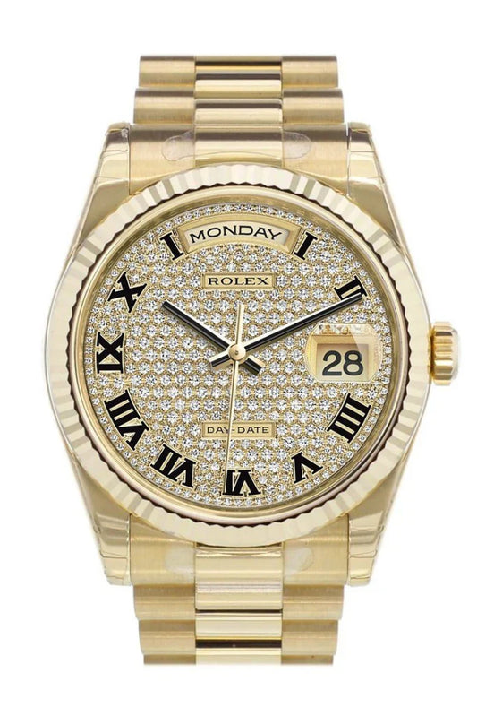 Rolex Day-Date 36 yellow gold watch with diamond-paved dial, fluted bezel, and President bracelet – available now at globalskydiamond.com, Global Sky Diamonds NYC Diamond District.