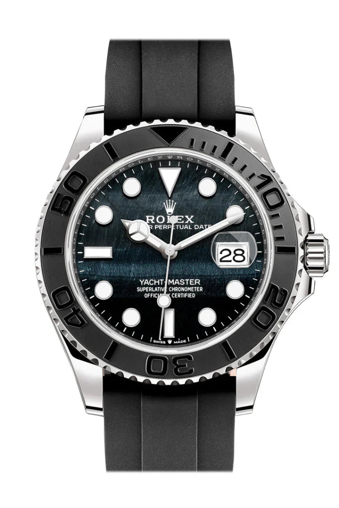 Rolex Yacht-Master 42 men’s white gold watch with rare Falcon’s Eye dial, black Cerachrom bezel, and Oysterflex strap – in stock at globalskydiamond.com, Global Sky Diamonds NYC Diamond District.
