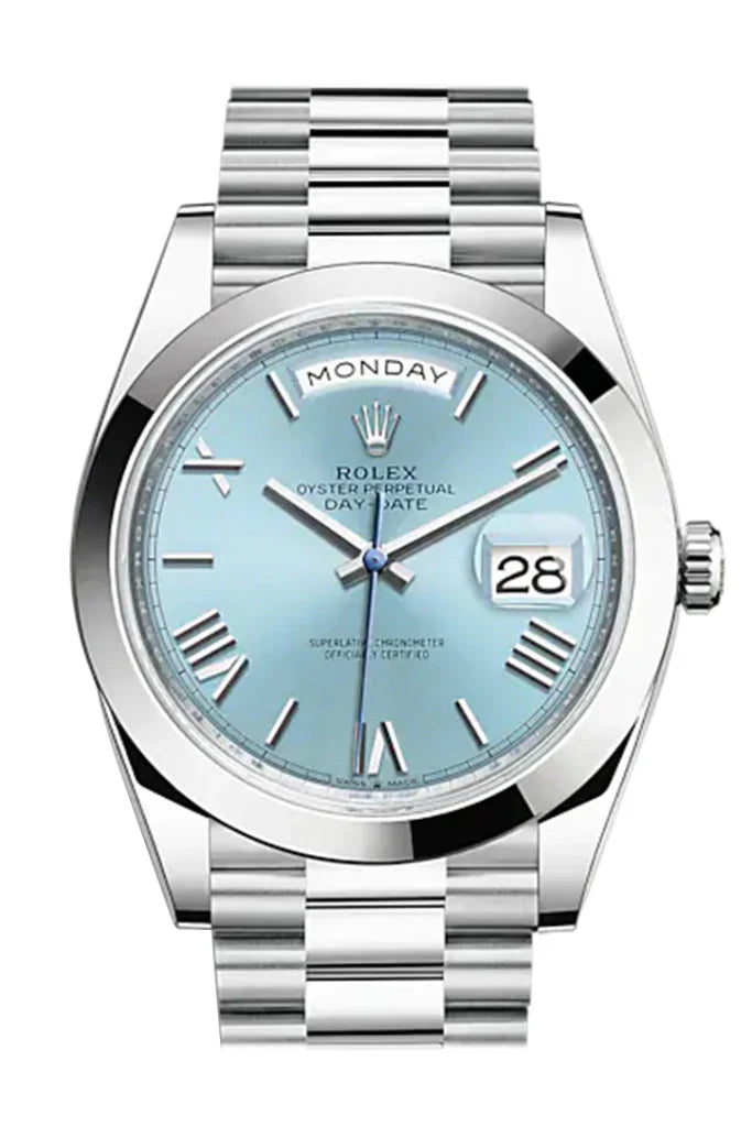 Rolex Day-Date 40 platinum watch with ice blue Roman numeral dial, President bracelet, and fluted bezel – available at globalskydiamond.com, Global Sky Diamonds in NYC's Diamond District.