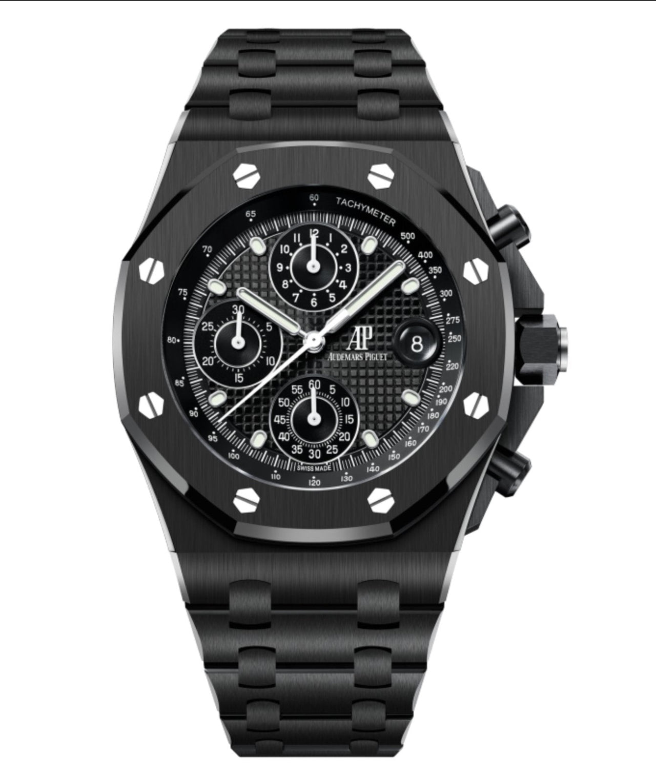 Front view of brand new Audemars Piguet Royal Oak Offshore Chronograph 42mm Black Ceramic watch ref. 26238CE.OO.1300CE.02 with black tapisserie dial and black ceramic bracelet – available at Global Sky Diamonds – globalskydiamond.com