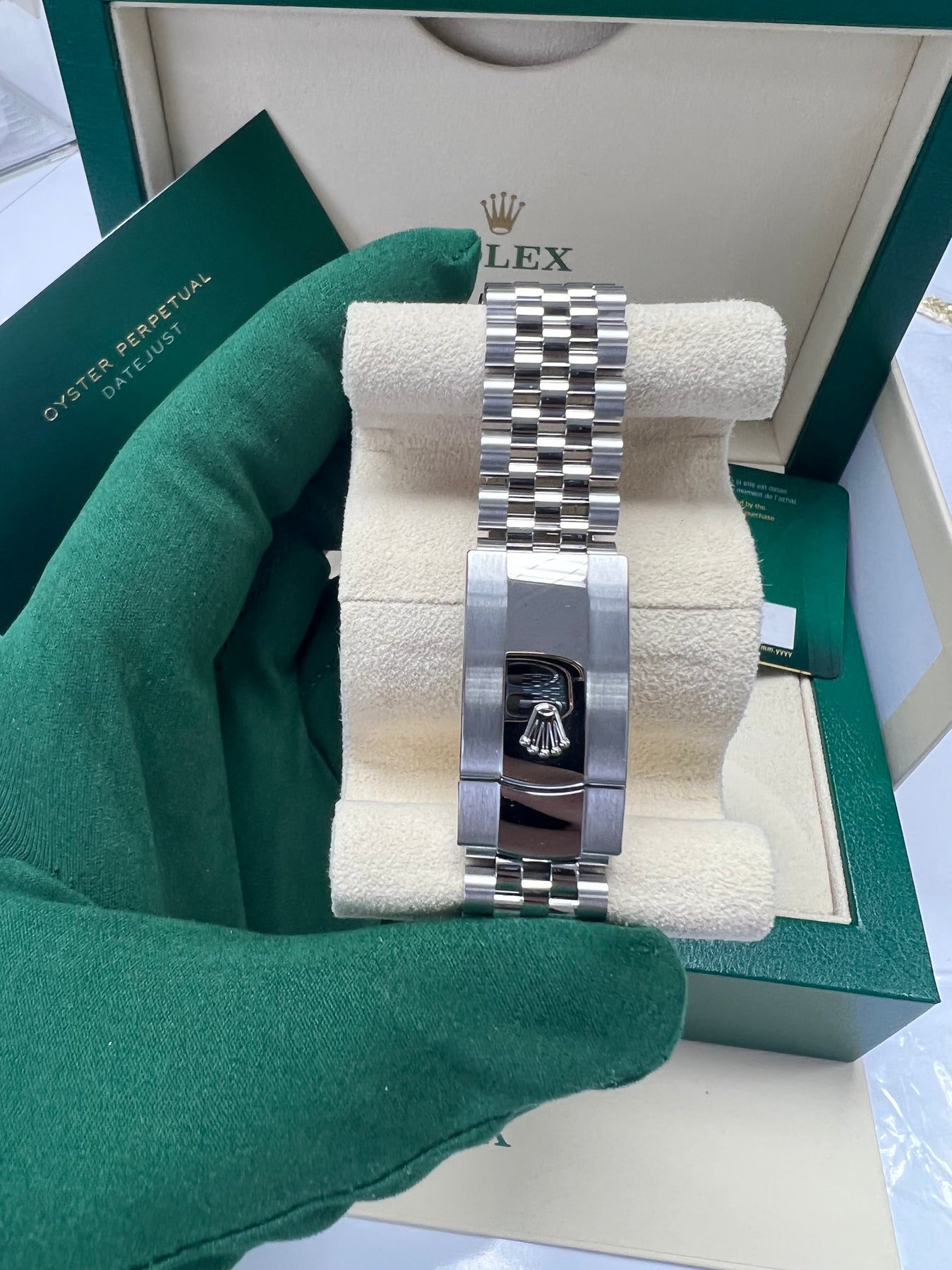 Rear view of pre-owned Rolex Datejust 41mm model 126334 showing stainless steel caseback, Jubilee bracelet clasp, and Oysterlock closure – pristine like-new 2025 condition with full set – available now at Global Sky Diamonds in New York’s Diamond District – globalskydiamond.com