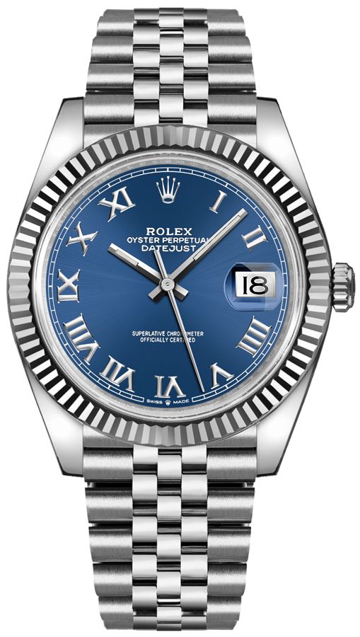 Front view of pre-owned Rolex Datejust 41mm model 126334 with fluted white gold bezel, blue Roman numeral dial, Jubilee bracelet, and sapphire crystal – like-new 2025 Rolex available now at Global Sky Diamonds – globalskydiamond.com