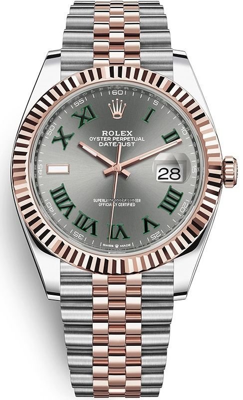 Front view of pre-owned Rolex Datejust 41mm model 126331 in like-new condition with two-tone Everose gold Jubilee bracelet, fluted rose gold bezel, and Wimbledon Roman dial – 2025 Rolex full set available at Global Sky Diamonds – globalskydiamond.com