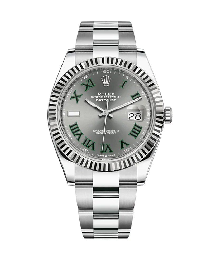 Front view of pre-owned Rolex Datejust 41mm model 126334 with grey slate dial, fluted white gold bezel, and stainless steel Oyster bracelet – like-new 2025 Rolex full set available at Global Sky Diamonds – globalskydiamond.com