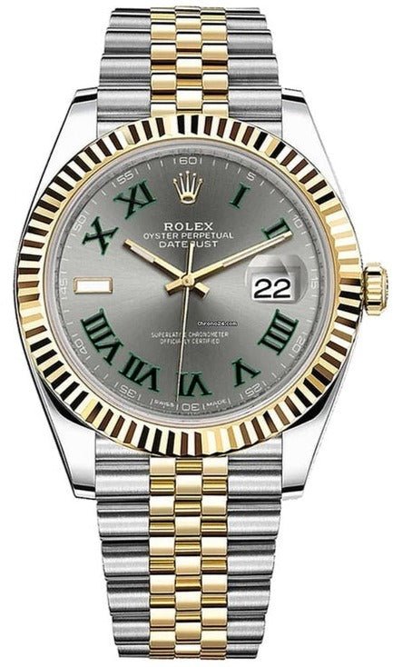 Front view of pre-owned Rolex Datejust 41mm model 126333 with grey stick dial, fluted 18k yellow gold bezel, and two-tone Jubilee bracelet – like-new 2025 Rolex full set available at Global Sky Diamonds – globalskydiamond.com
