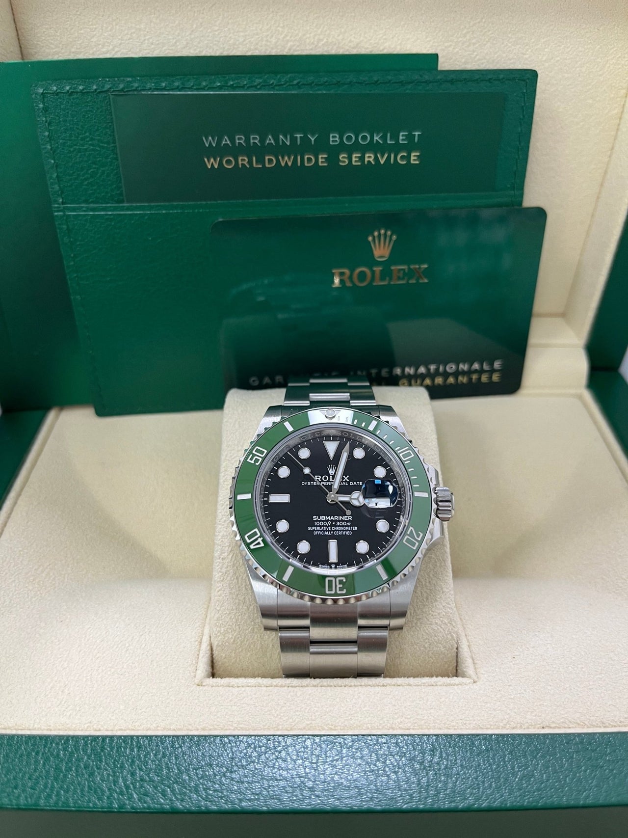 Front view of pre-owned Rolex Submariner 41mm 126610LV “Starbucks” with black dial and green ceramic bezel – like-new 2025 condition with box and papers available at Global Sky Diamonds – globalskydiamond.com