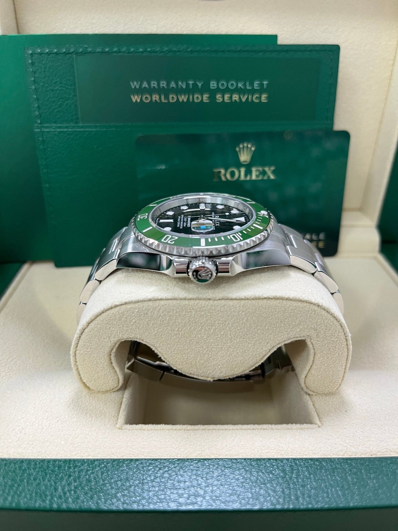 Side angle of Rolex Submariner 126610LV showing 41mm stainless steel case, Triplock crown, and Oyster bracelet – pre-owned full set Rolex available at Global Sky Diamonds – globalskydiamond.com