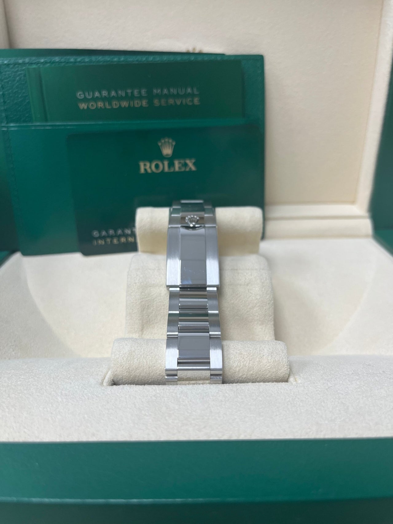 Rear view of Rolex GMT-Master II Batman 116710BLNR showing Oyster bracelet and clasp – pre-owned 2018 Rolex with box and appraisal, priced at $13,500 – globalskydiamond.com