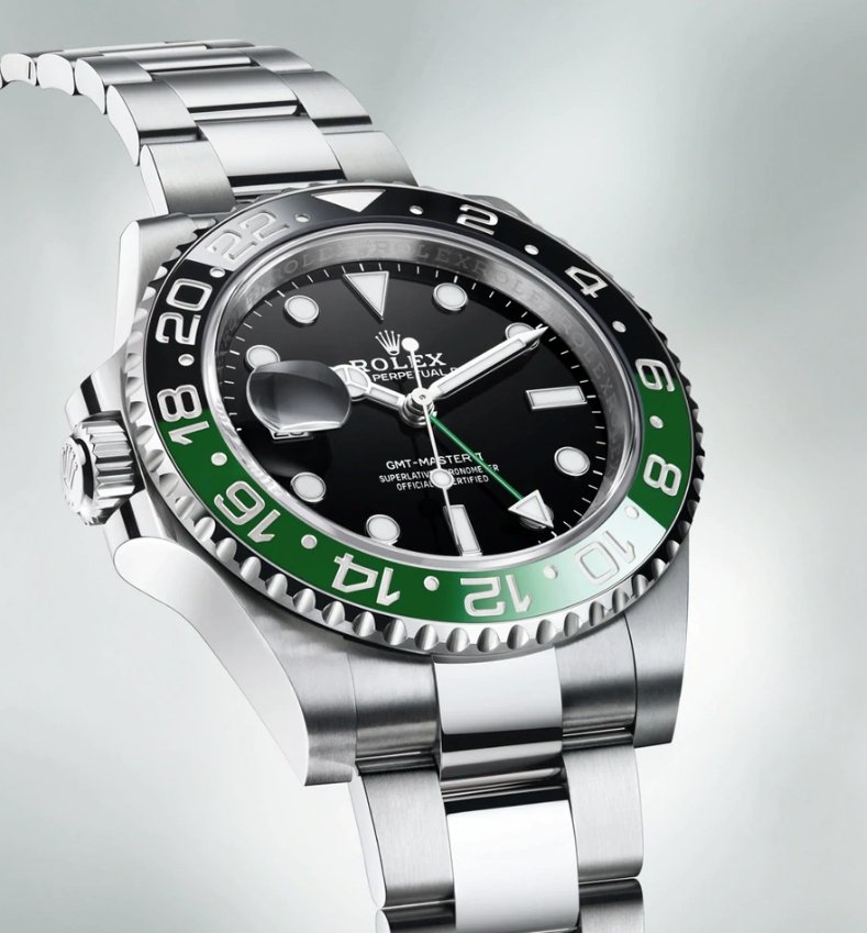 Angled shot of Rolex GMT-Master II Sprite with Jubilee bracelet and green/black ceramic bezel – 40mm stainless steel left-handed Rolex in unworn condition – $18,000 at Global Sky Diamonds – globalskydiamond.com