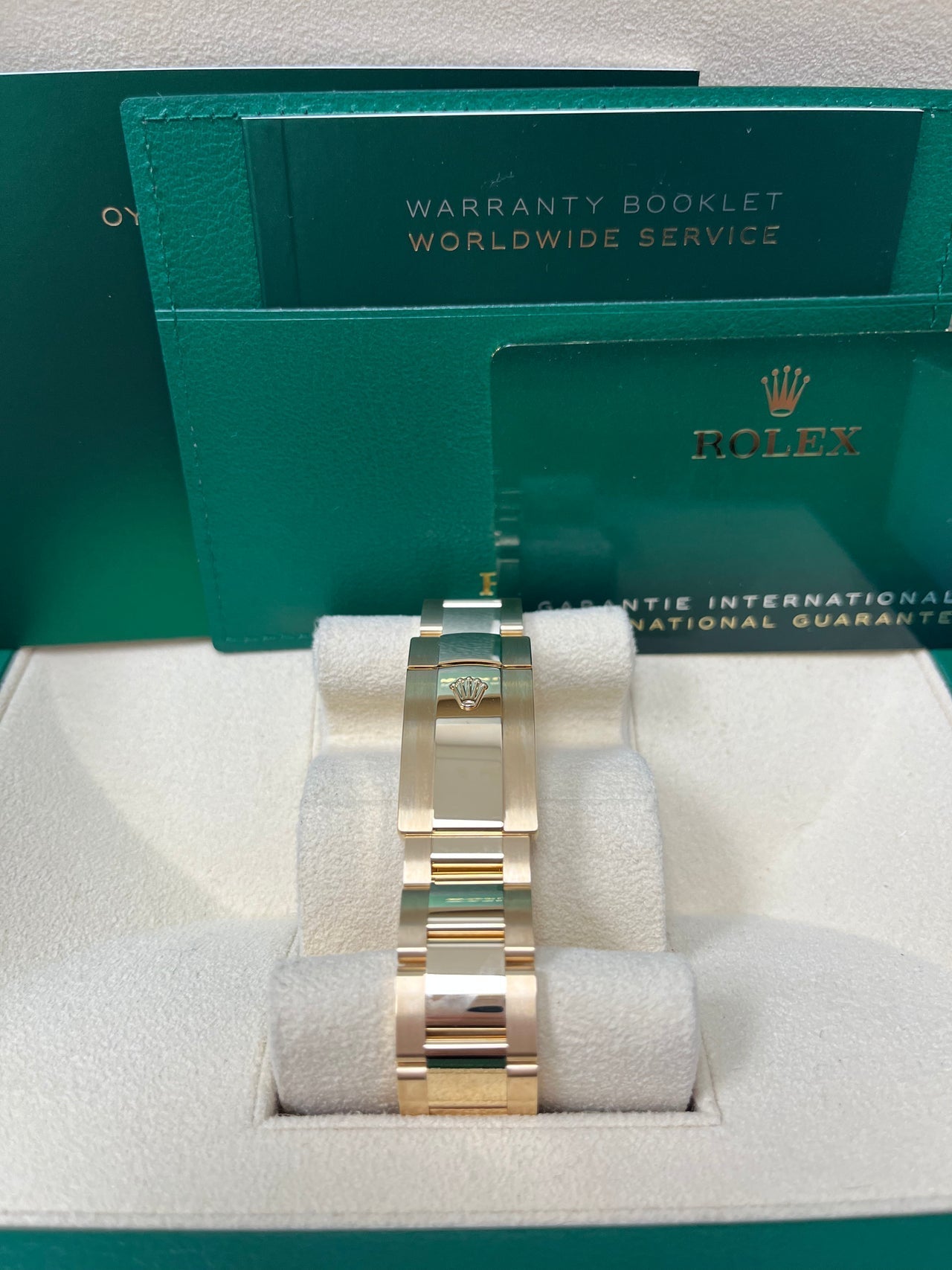 Rear view of Rolex Sky-Dweller two-tone model with brushed steel and gold Oyster bracelet and folding clasp – unworn 2025 full set at globalskydiamond.com