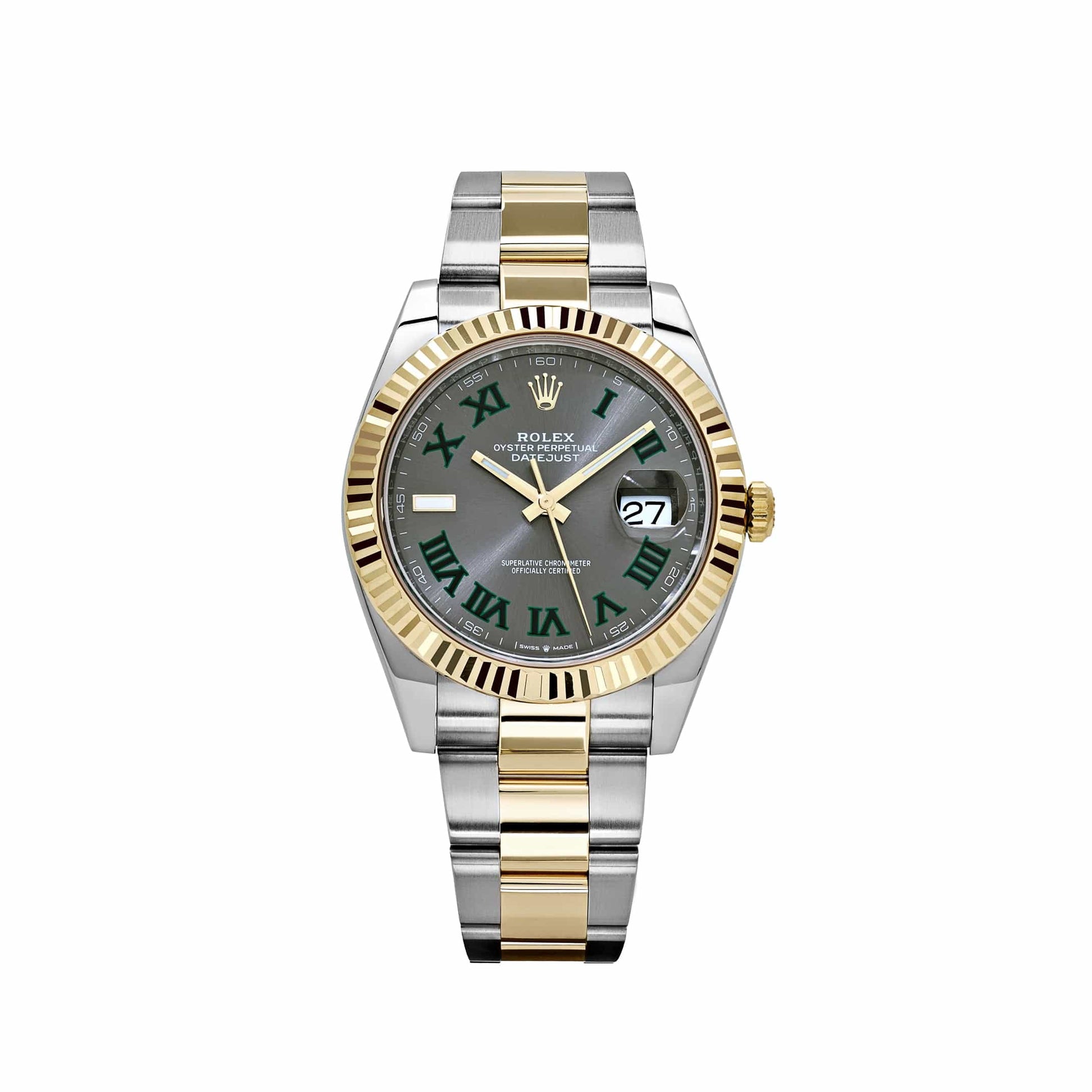 Front view of pre-owned Rolex Datejust 41mm model 126331 in like-new condition with two-tone yellow Rolesor Jubilee bracelet, fluted 18k yellow gold bezel, and Wimbledon Roman dial – full Rolex set available at Global Sky Diamonds – globalskydiamond.com