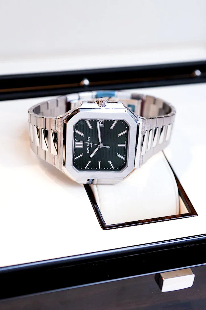 Display angle of Patek Philippe 5821/1A Cubitus in stainless steel with rare olive dial in showroom setting – Global Sky Diamonds NYC | GlobalSkyDiamond.com